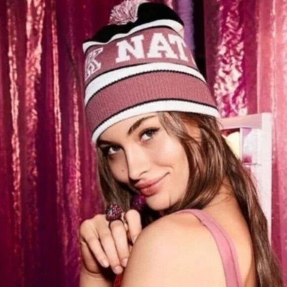 VICTORIA'S SECRET PINK Knit Cap OS One Size Pink and Black Pom Pom Pink Nation - Picture 1 of 7